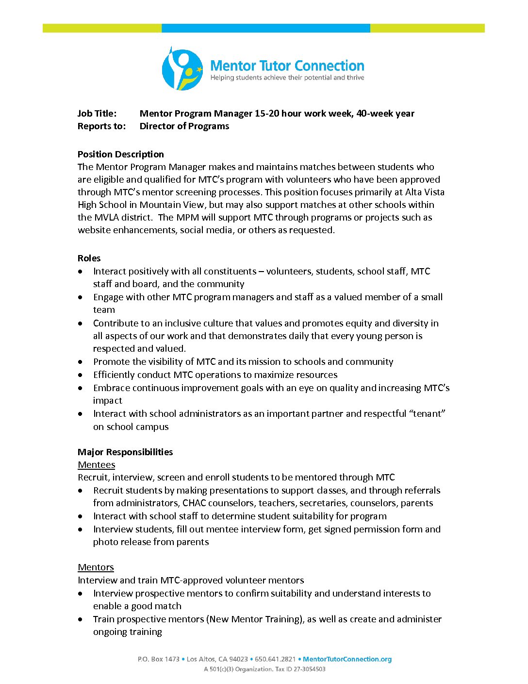 MPM job description Jan 2022 Mentor Tutor Connection